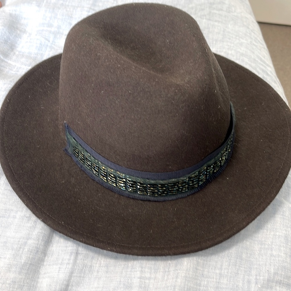 Anthropologie dark Brown Woolen Rancher hat with green beaded detail - Picture 1 of 3